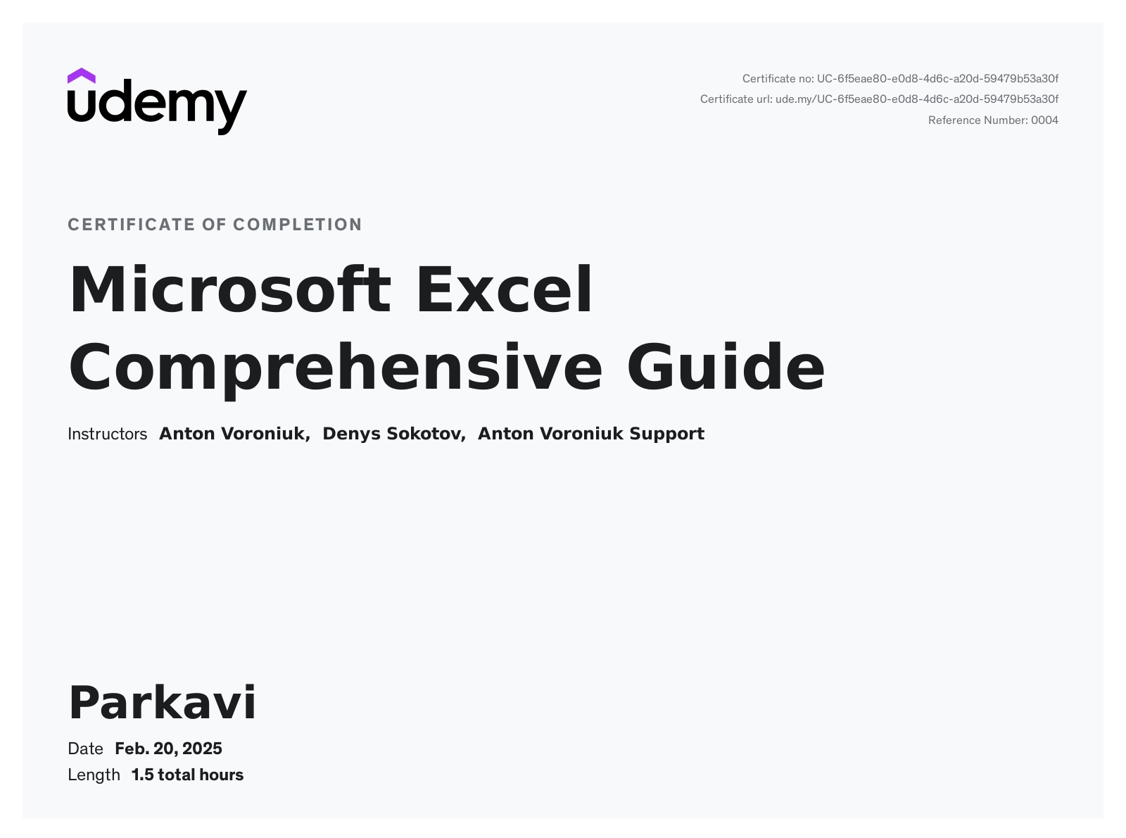 Microsoft Excel Certificate